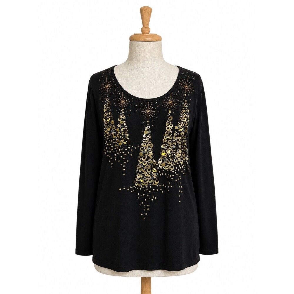 Berek Sweater Size 2XL Black Gold Sequins Christmas Trees Fireworks Beaded